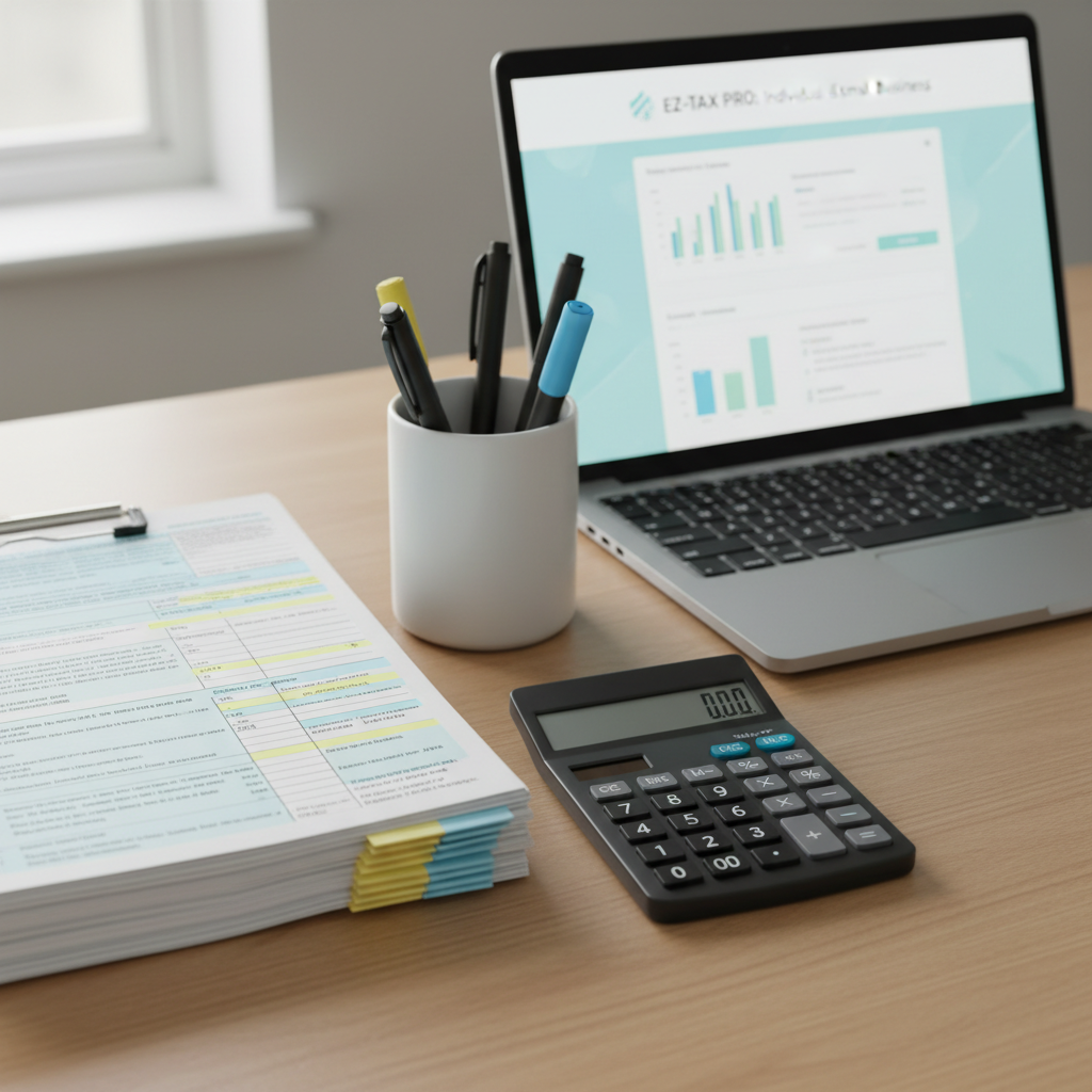 A close-up of a neatly arranged tax preparation setup on a light oak table: a stack of neatly clipped tax forms, carefully highlighted in pastel yellow and blue, sits next to a sleek black calculator with illuminated buttons. A minimalist white ceramic cup holds a selection of fine-point pens and highlighters, while a silver laptop in the background shows a simple, modern tax filing dashboard in soft blues and greens. Soft overcast daylight filters through an unseen window, creating diffused, shadow-free lighting. The photographic image is composed from a slightly elevated angle using the rule of thirds, with a calm, orderly mood that emphasizes clarity, accuracy, and personalized financial support for individuals and small businesses.